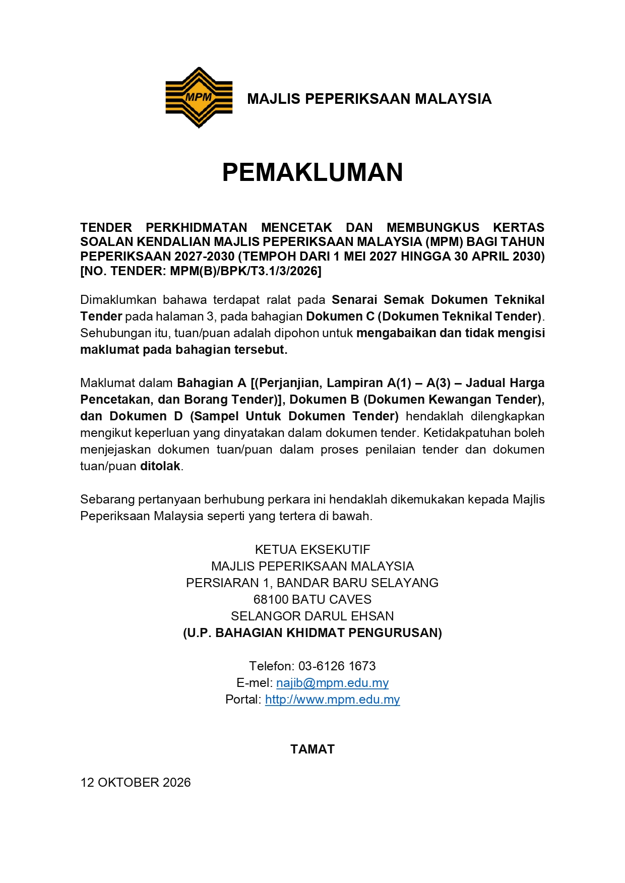 Makluman Kesilapan Dokumen Tender