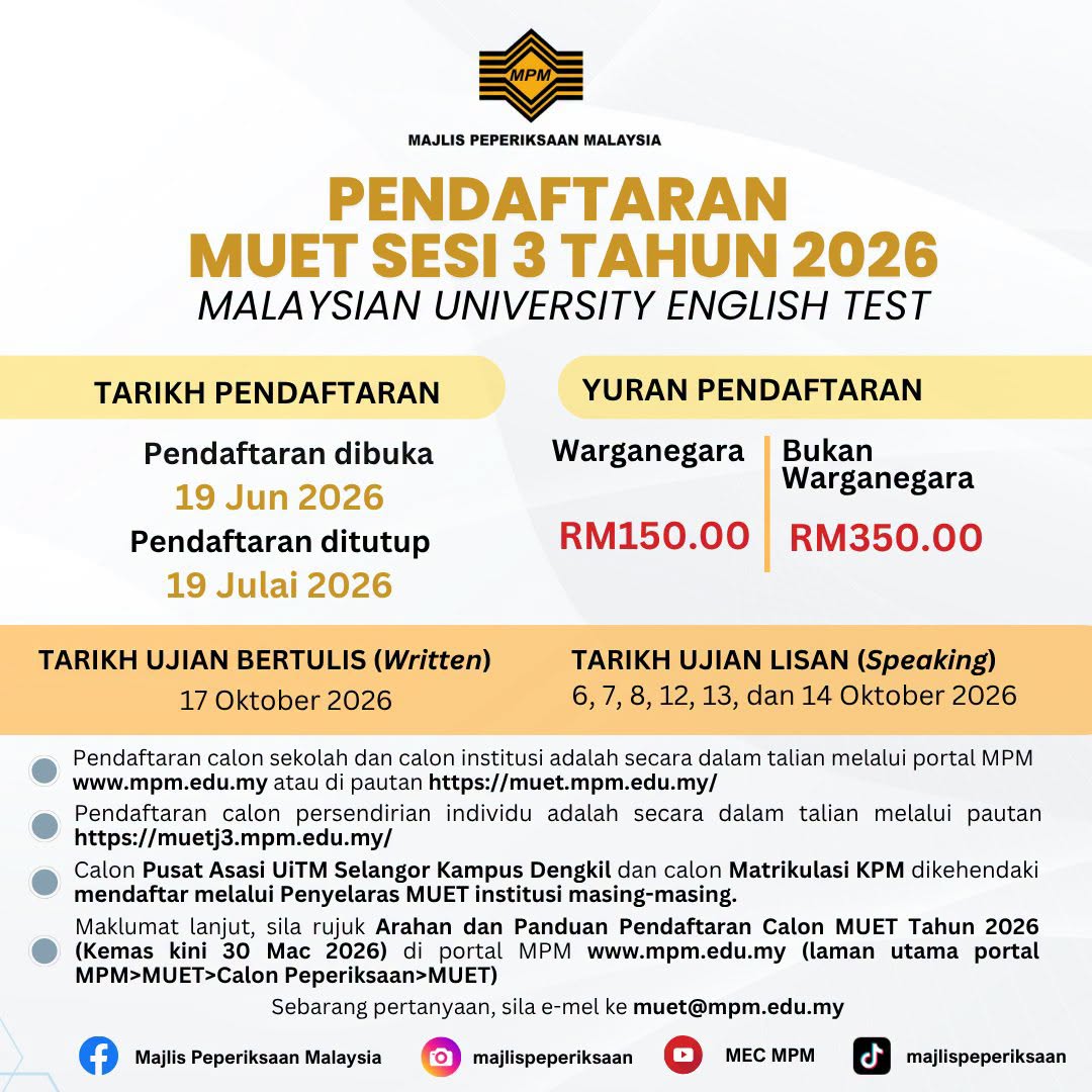 Pendaftaran MUET Sesi 3 Tahun 2026